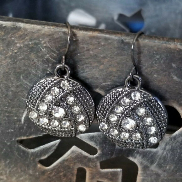 Avant Garde Gunmetal Grey Black Austrian Crystal Circle Triangle Dangle Earrings - Picture 6 of 6